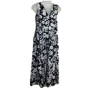 Vtg Victoria Holley Black White Floral Maxi Dress Cotton Sleeveless A-Line‎ Y2K